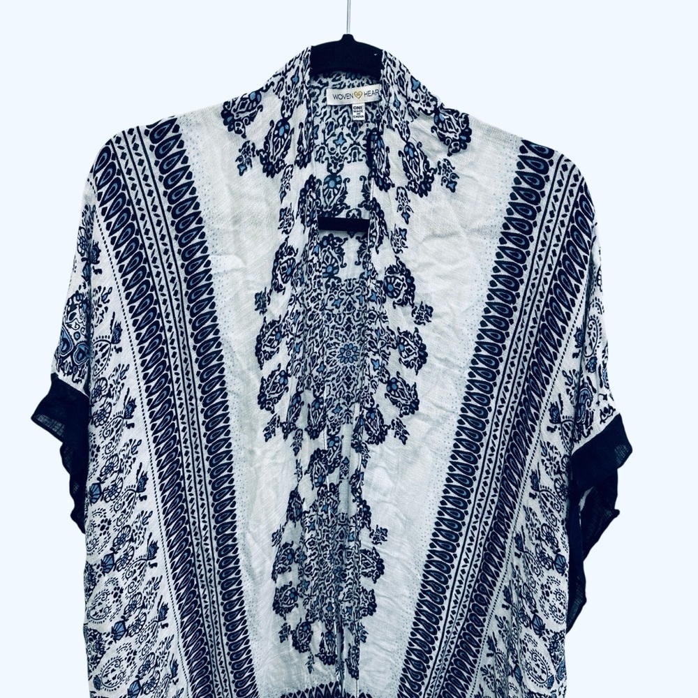 Woven Heart blue white boho kimono beach cover up flowy pool summer vacation - Picture 3 of 13